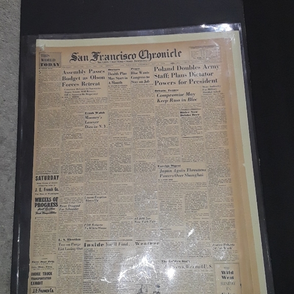 RARE 1939 SAN FRANCISCO CHRONICLE NEWSPAPER WWII - Picture 2 of 7